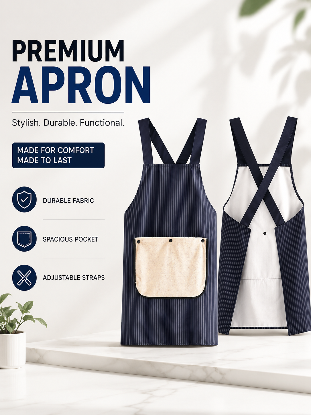 Image of Pinstripe Cross-Back Chef Apron with Pocket
